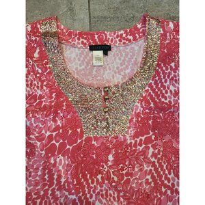 Ulla Popken Pink Floral 1/2 Sleeve Silver Sequin Neckline T Shirt Sz 32/34